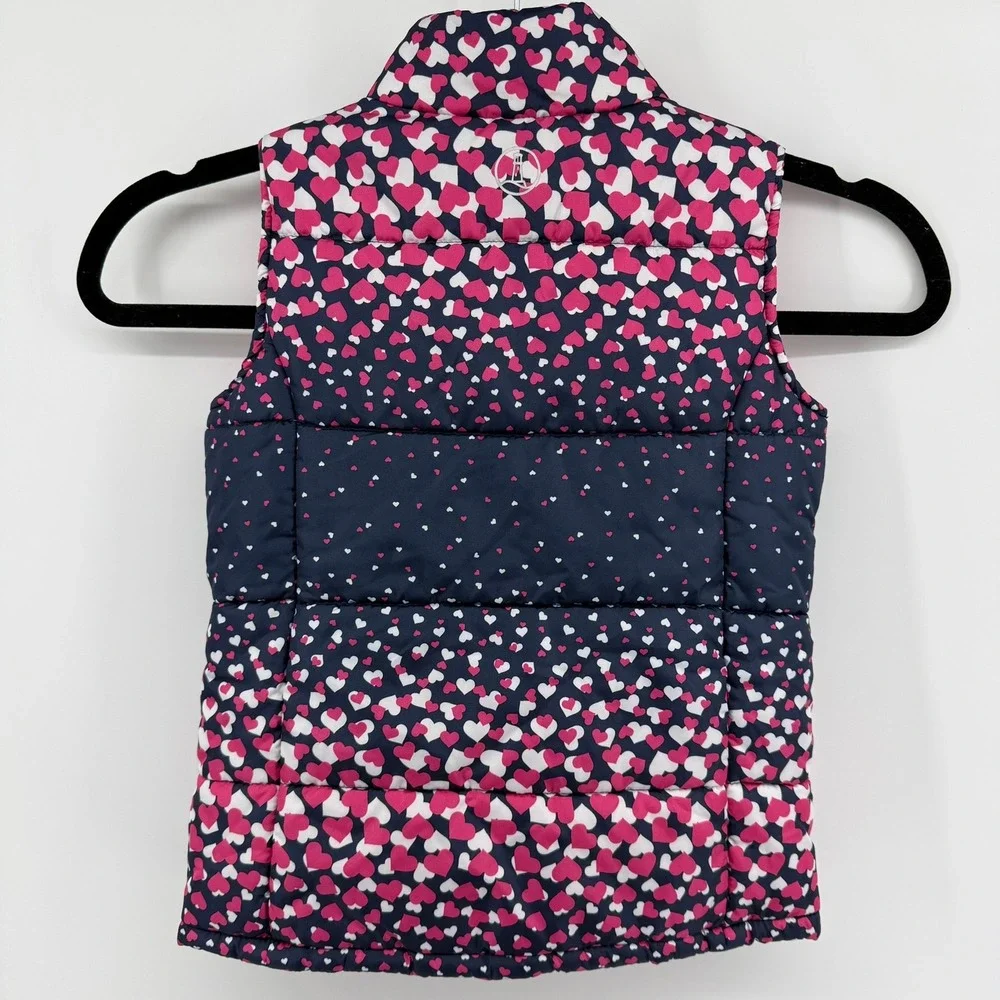 Lands End Kids Puffer Vest Navy Pink White Heart Print Size S 4 Full Zip Padded